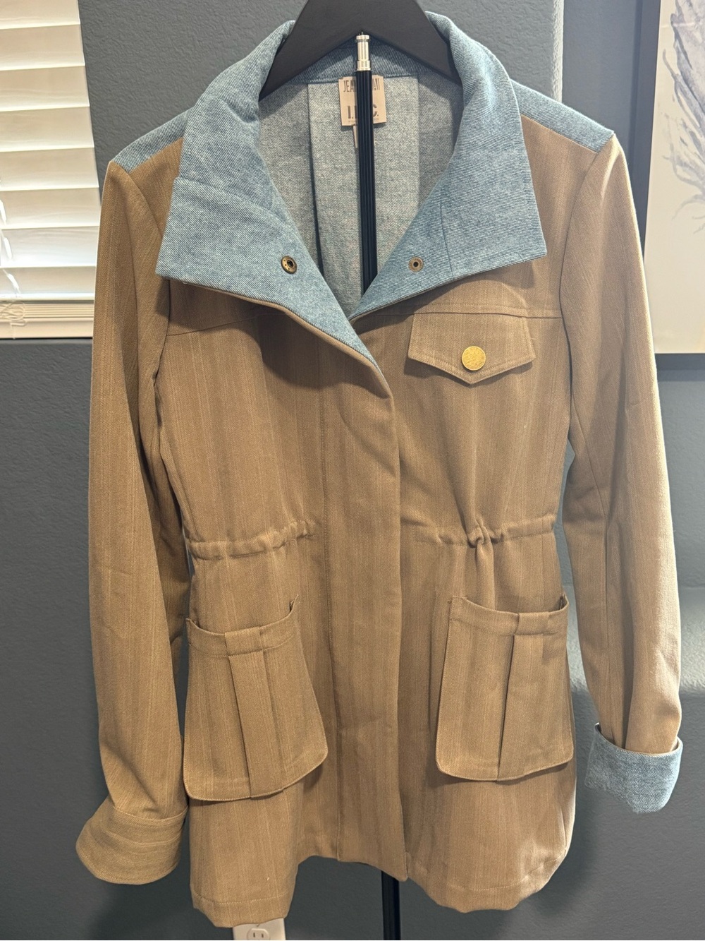 INC x Jeannie Mai Tan Pinstripe Utility Jacket with Denim Lapel